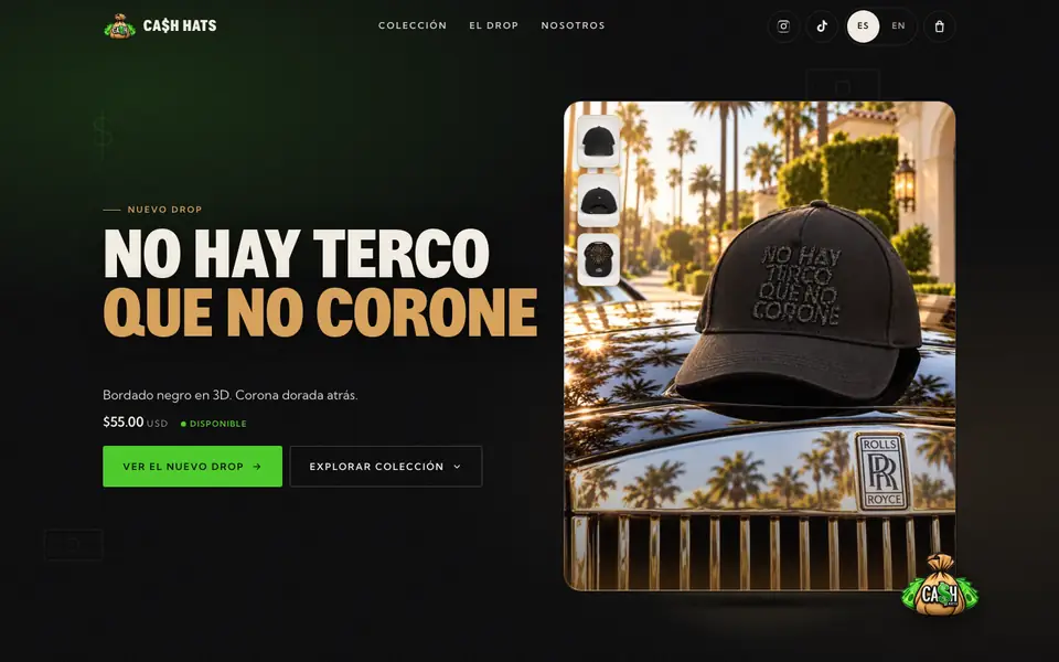 CA$H HATS store website on a computer screen