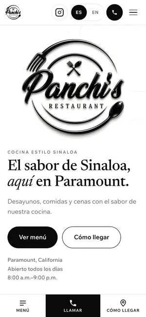 Panchi's Restaurant website on a phone