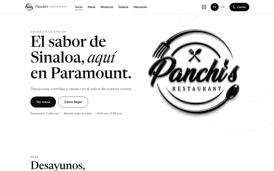 Panchi's Restaurant website on a computer screen