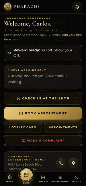 PHARAOHS client app home screen on a phone