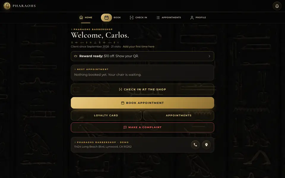 PHARAOHS client app home screen on a computer screen