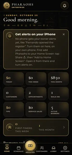 PHARAOHS Enterprise owner dashboard on a phone