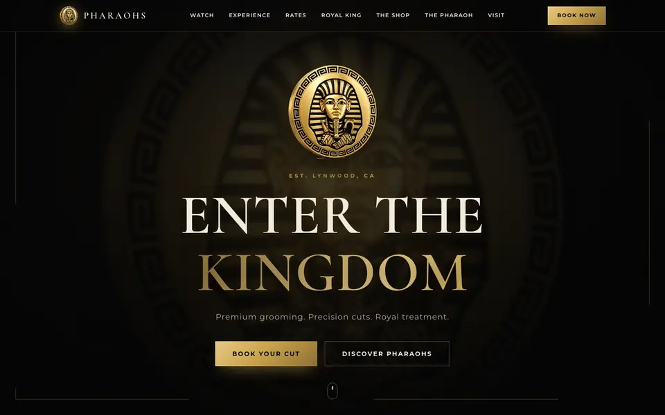 PHARAOHS barbershop website on a computer screen